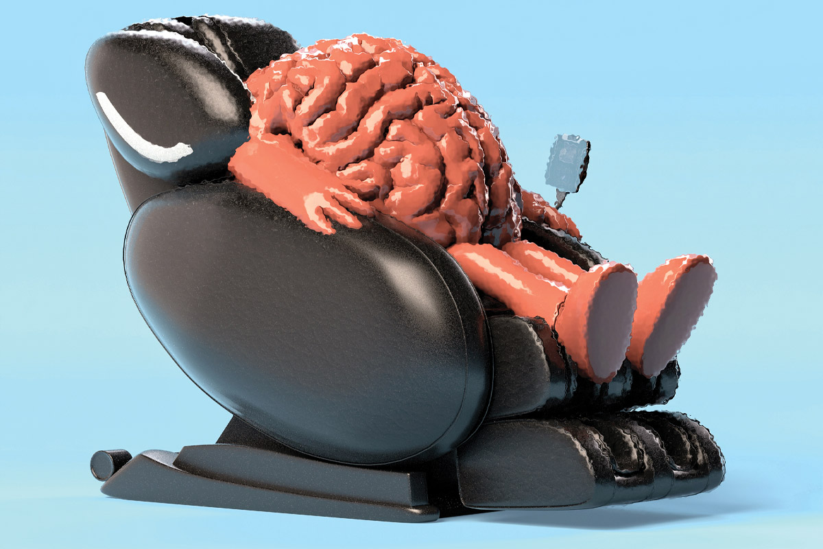 ilustración de cerebro tomando un descanso en un sillón de masaje