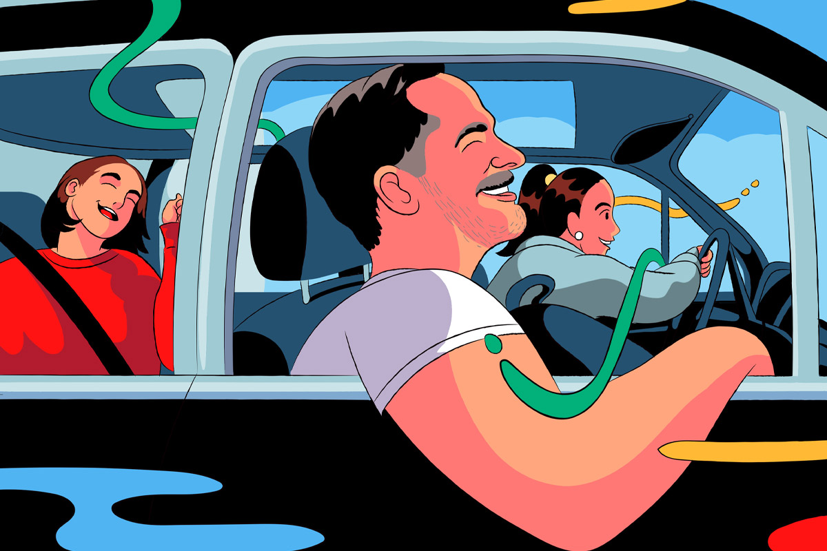 ilustración de padre en un auto con sus hijas